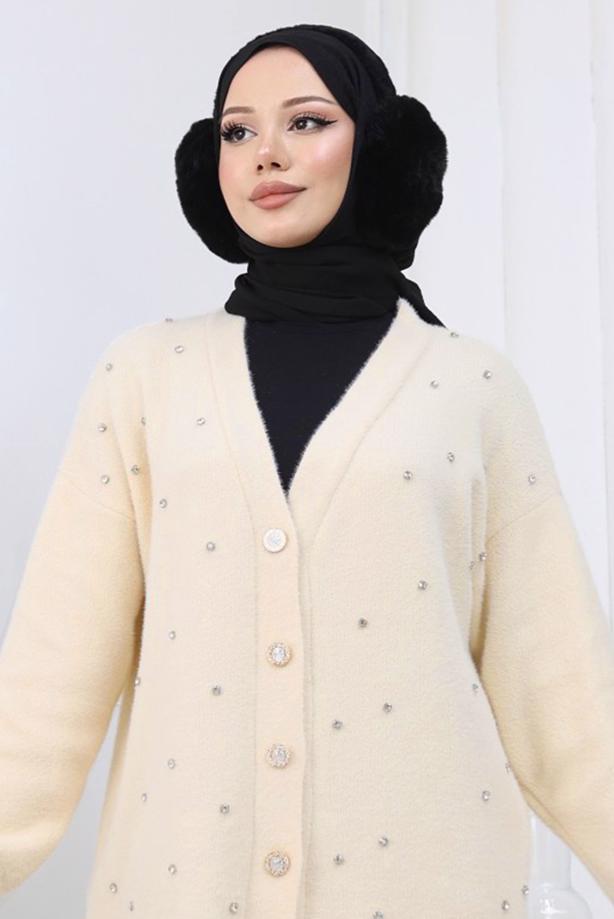 Tesettür giyim BEJ TAŞ DETAYLI HIRKA T 80352 - TRENDTESETTÜR