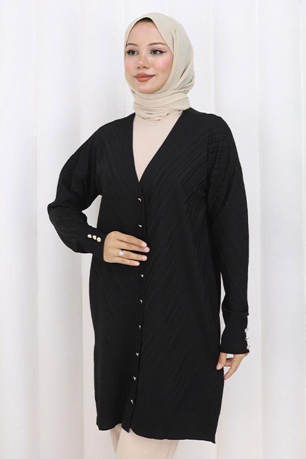 Tesettür giyim SİYAH DESENLİ TRİKO HIRKA T 8913 - TRENDTESETTÜR