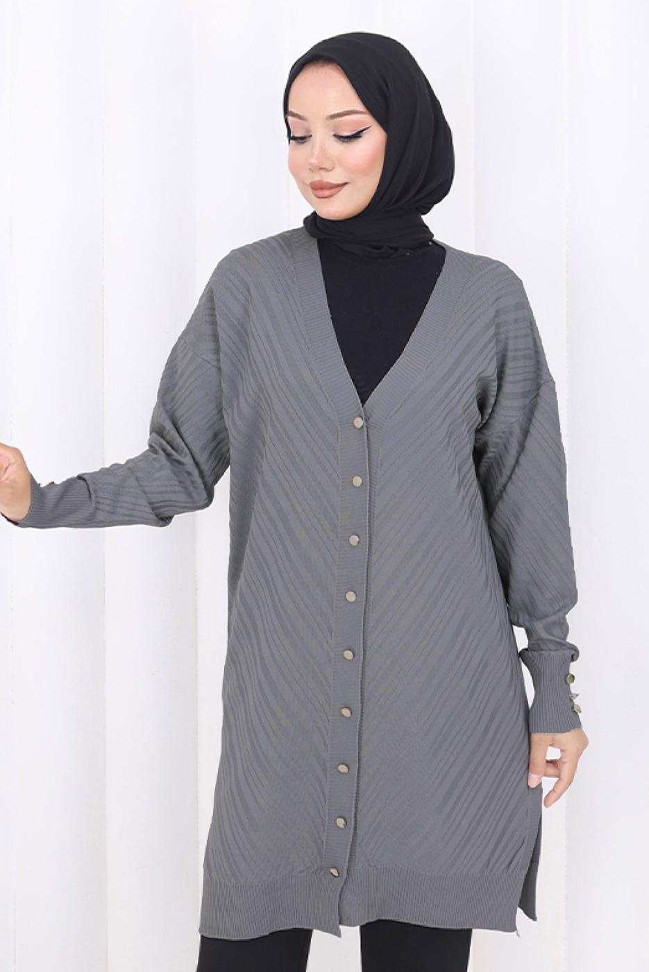 Tesettür giyim GRİ DESENLİ TRİKO HIRKA T 8913
