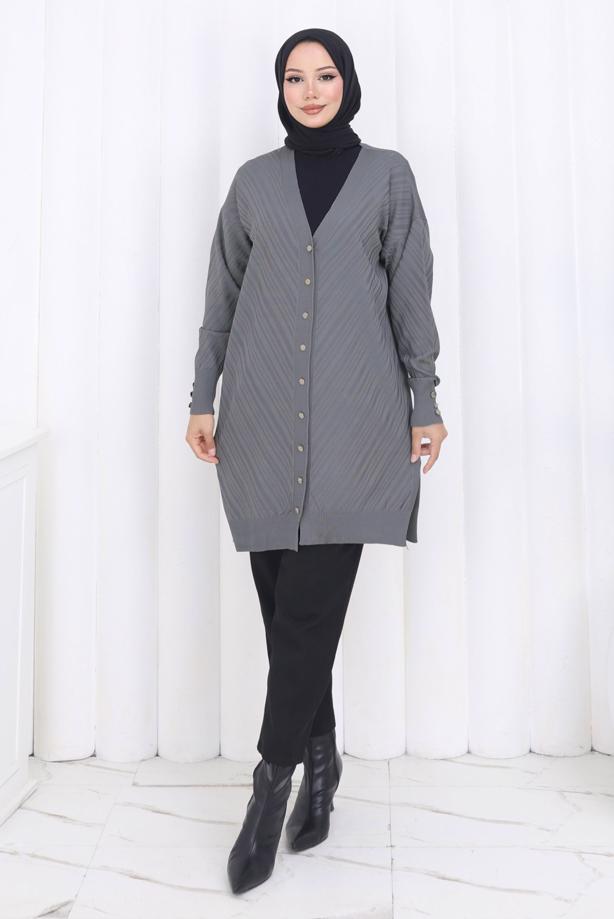 Tesettür giyim GRİ DESENLİ TRİKO HIRKA T 8913 - TRENDTESETTÜR