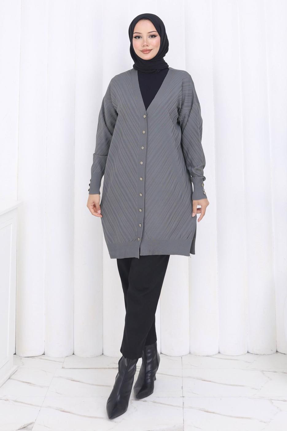 Tesettür giyim GRİ DESENLİ TRİKO HIRKA T 8913