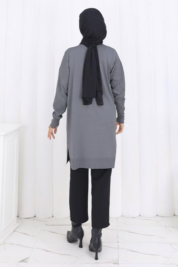 Tesettür giyim GRİ DESENLİ TRİKO HIRKA T 8913 - TRENDTESETTÜR