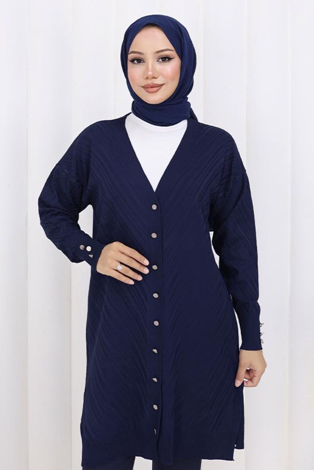 Tesettür giyim LACİVERT DESENLİ TRİKO HIRKA T 8913 - TRENDTESETTÜR