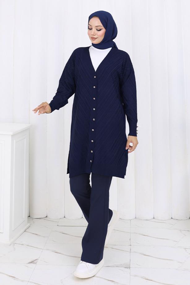 Tesettür giyim LACİVERT DESENLİ TRİKO HIRKA T 8913 - TRENDTESETTÜR