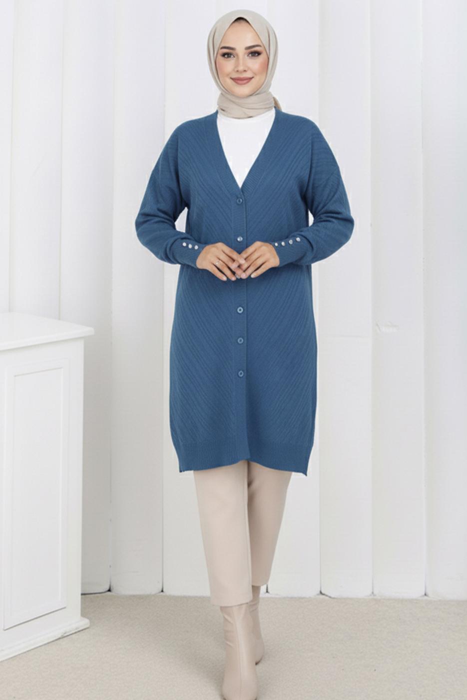 Tesettür giyim MAVİ DESENLİ TRİKO HIRKA T 8913