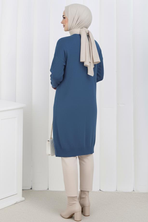 Tesettür giyim MAVİ DESENLİ TRİKO HIRKA T 8913 - TRENDTESETTÜR
