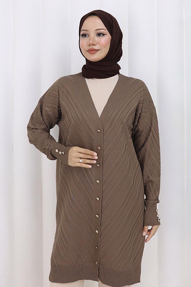 Tesettür giyim VİZON DESENLİ TRİKO HIRKA T 8913 - TRENDTESETTÜR