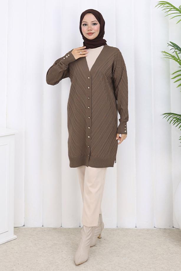 Tesettür giyim VİZON DESENLİ TRİKO HIRKA T 8913 - TRENDTESETTÜR