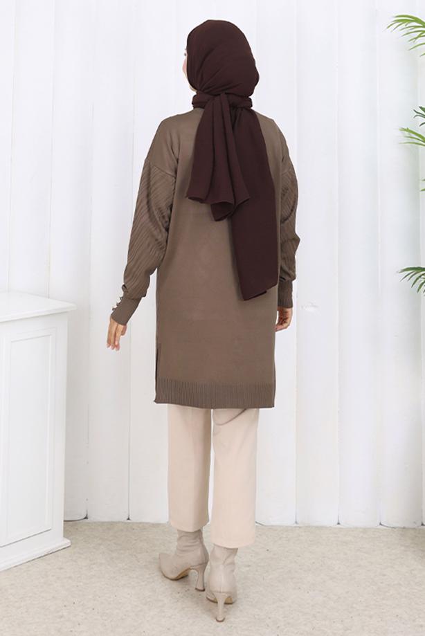 Tesettür giyim VİZON DESENLİ TRİKO HIRKA T 8913 - TRENDTESETTÜR