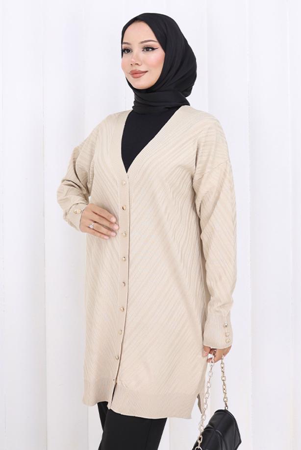 Tesettür giyim BEJ DESENLİ TRİKO HIRKA T 8913 - TRENDTESETTÜR
