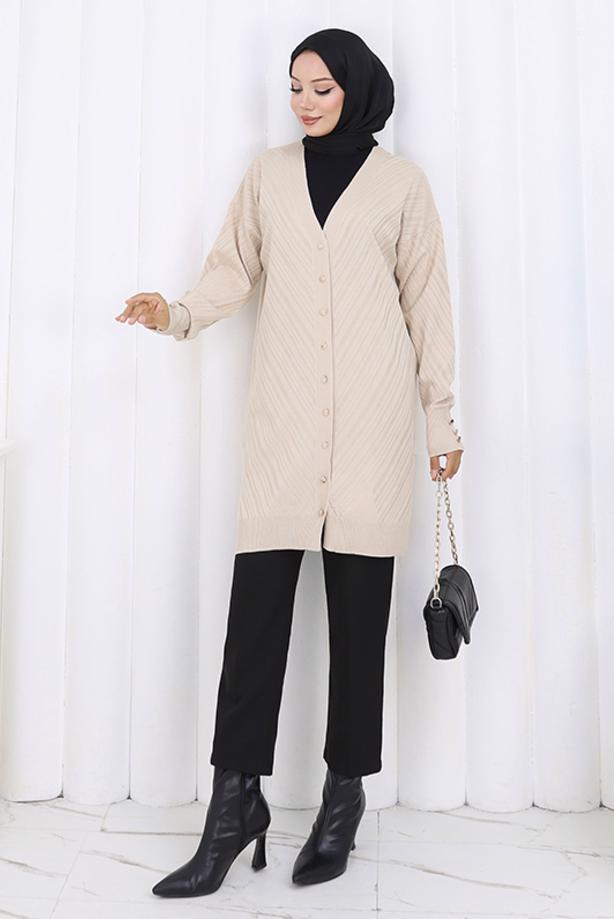 Tesettür giyim BEJ DESENLİ TRİKO HIRKA T 8913 - TRENDTESETTÜR