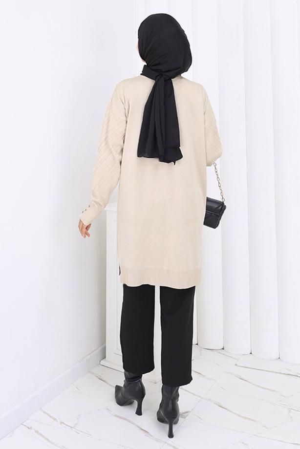 Tesettür giyim BEJ DESENLİ TRİKO HIRKA T 8913 - TRENDTESETTÜR