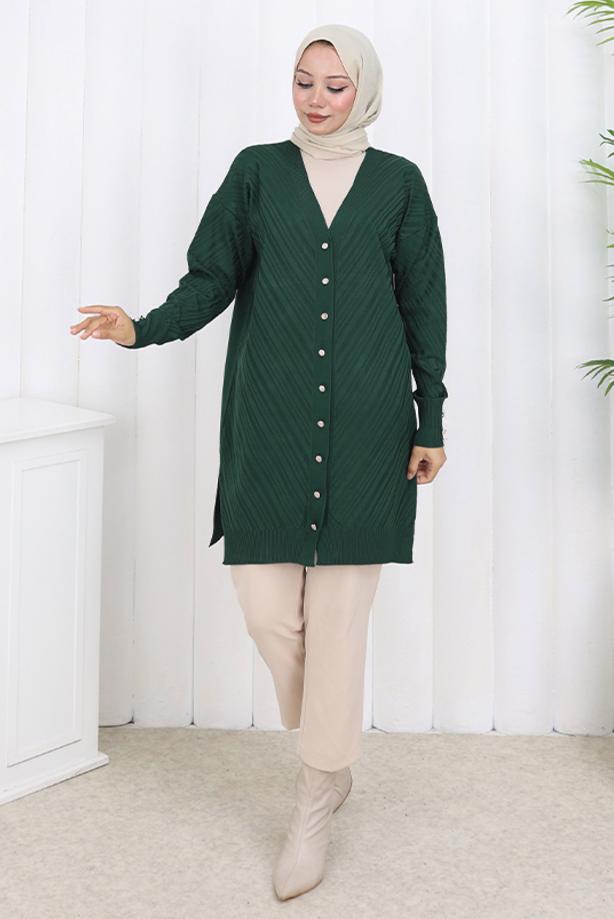 Tesettür giyim YEŞİL DESENLİ TRİKO HIRKA T 8913 - TRENDTESETTÜR