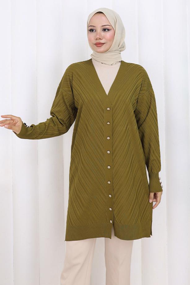 Tesettür giyim YEŞİL DESENLİ TRİKO HIRKA T 8913 - TRENDTESETTÜR