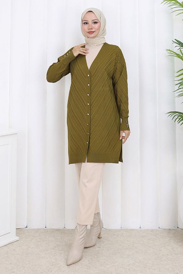 Tesettür giyim YEŞİL DESENLİ TRİKO HIRKA T 8913 - TRENDTESETTÜR