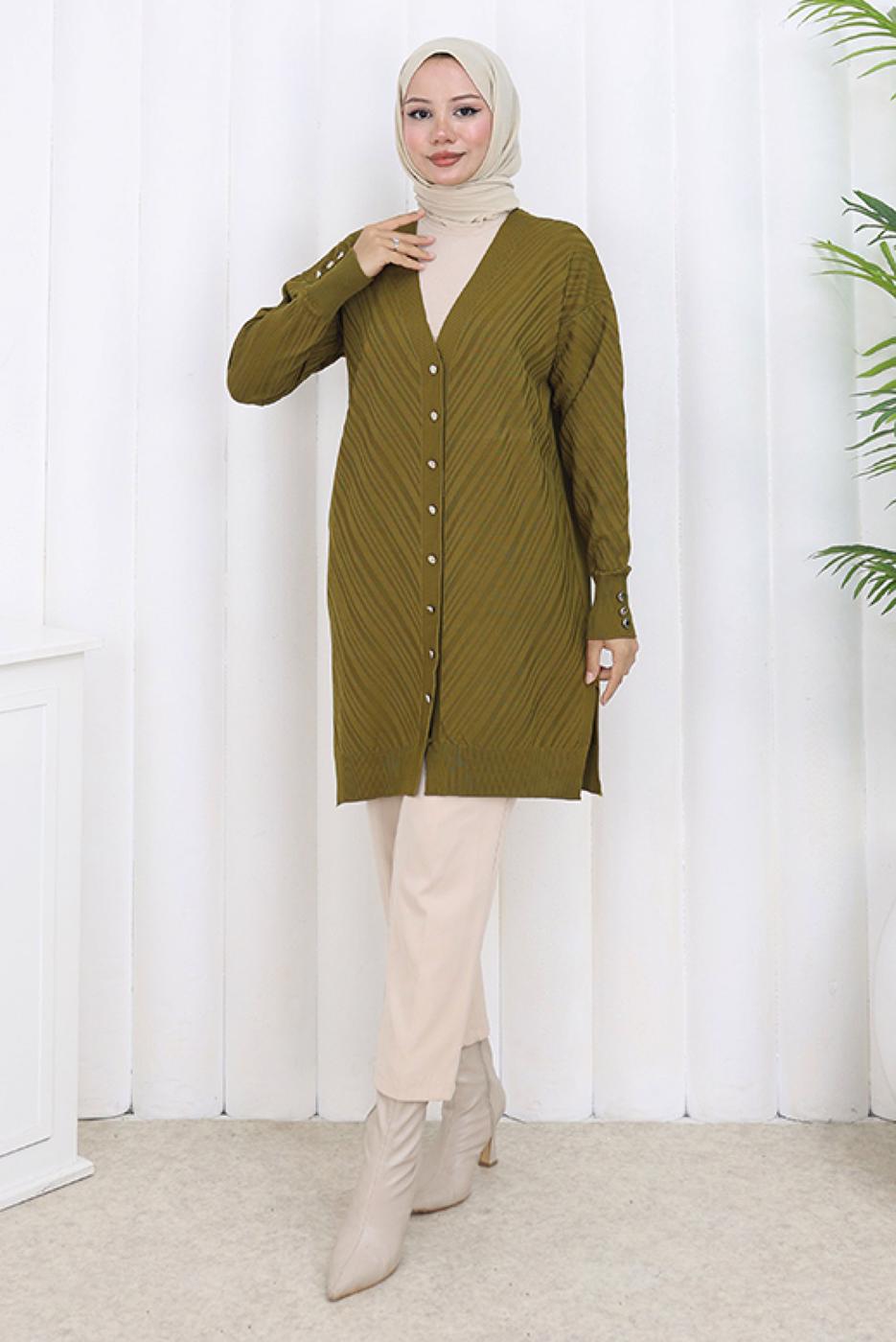 Tesettür giyim YEŞİL DESENLİ TRİKO HIRKA T 8913