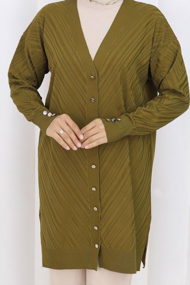 Tesettür giyim YEŞİL DESENLİ TRİKO HIRKA T 8913 - TRENDTESETTÜR