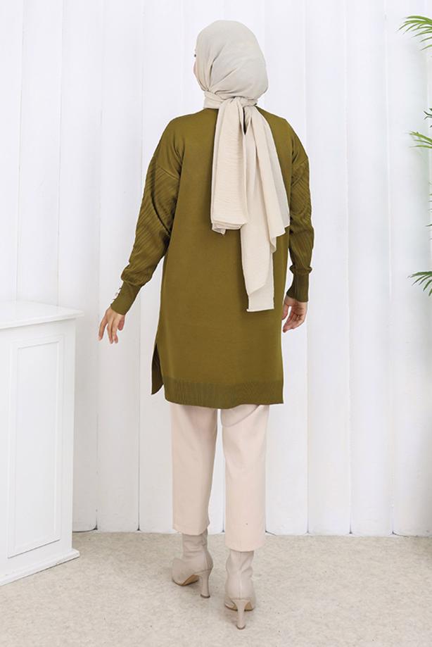 Tesettür giyim YEŞİL DESENLİ TRİKO HIRKA T 8913 - TRENDTESETTÜR