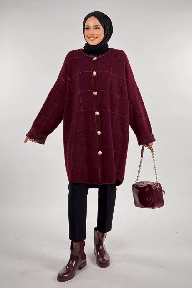 Tesettür giyim BORDO KARE DESENLİ HIRKA T 92381 - TRENDTESETTÜR