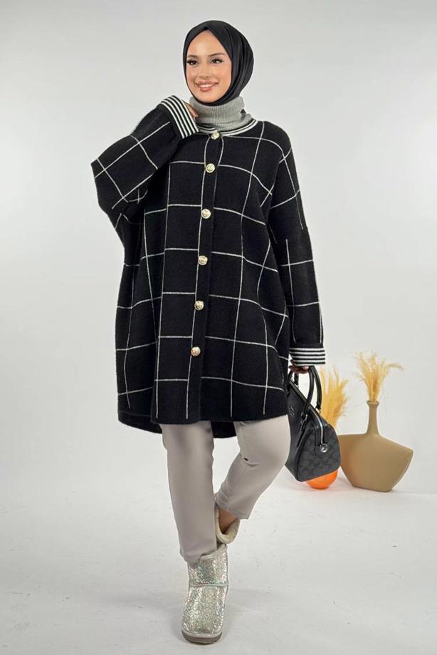 Tesettür giyim SİYAH KARE DESENLİ HIRKA T 92381 - TRENDTESETTÜR