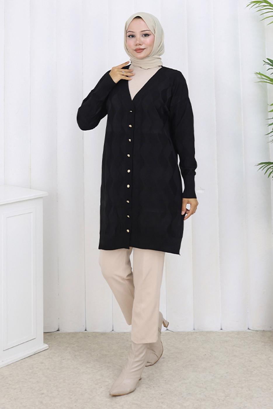 Tesettür giyim SİYAH DESENLİ TRİKO HIRKA T 9323