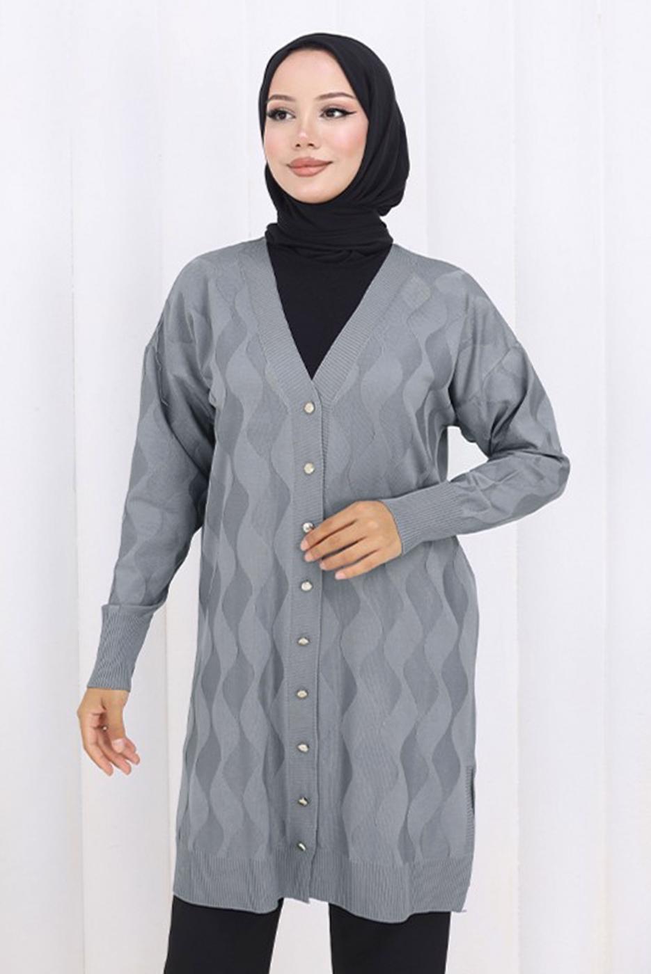 Tesettür giyim GRİ DESENLİ TRİKO HIRKA T 9323