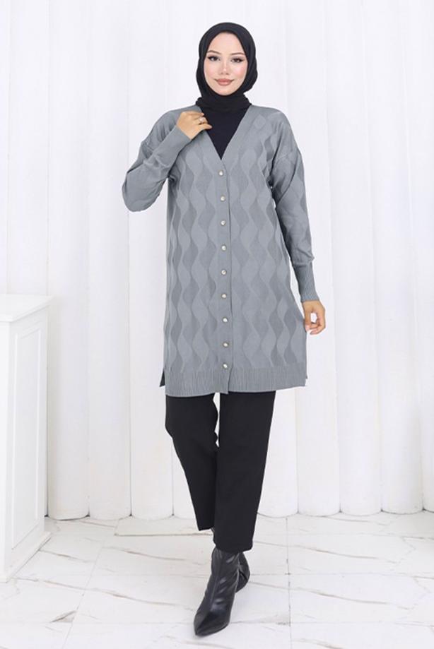Tesettür giyim GRİ T 9323 BN MERSERİZE HIRKA - TRENDTESETTÜR