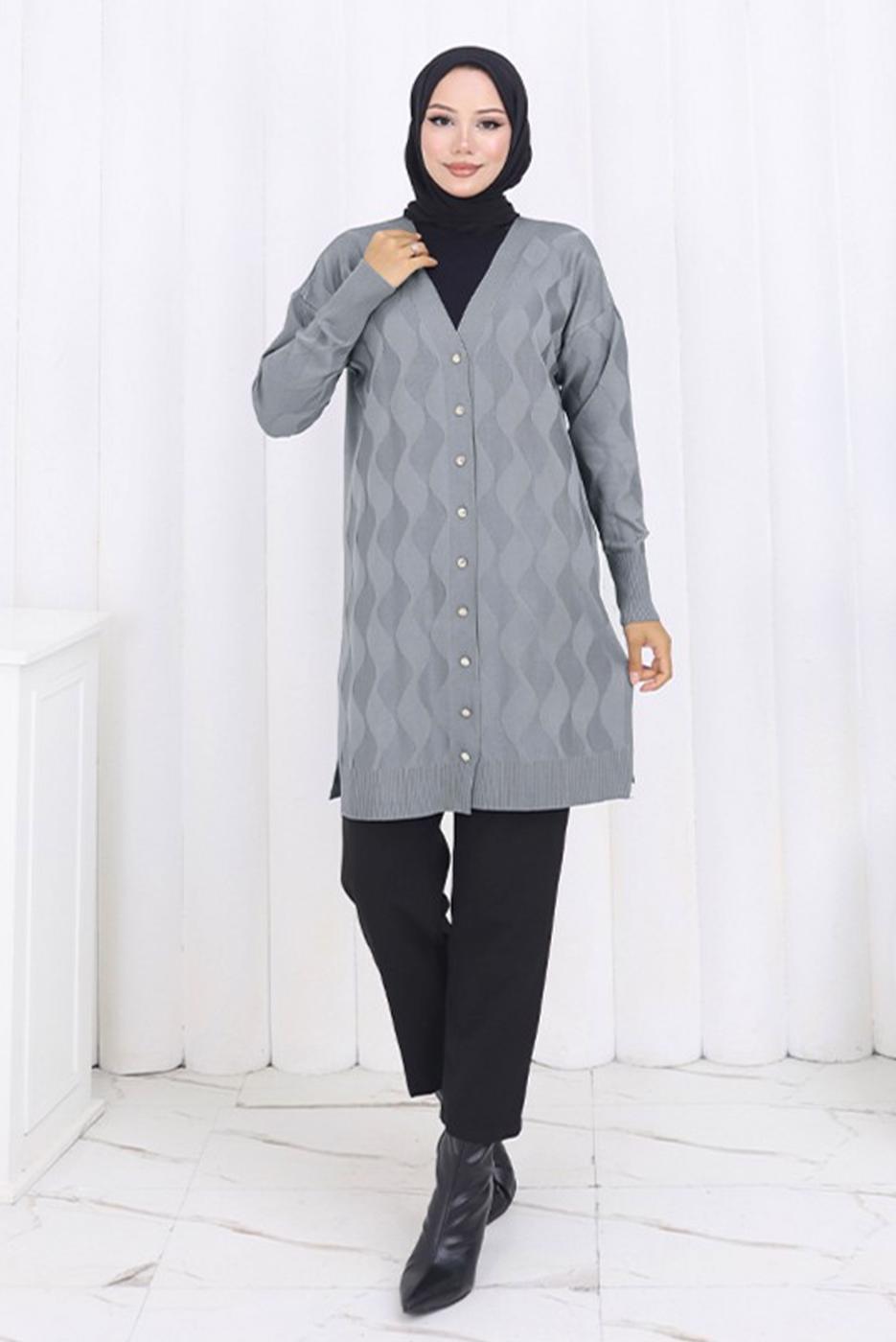 Tesettür giyim GRİ DESENLİ TRİKO HIRKA T 9323