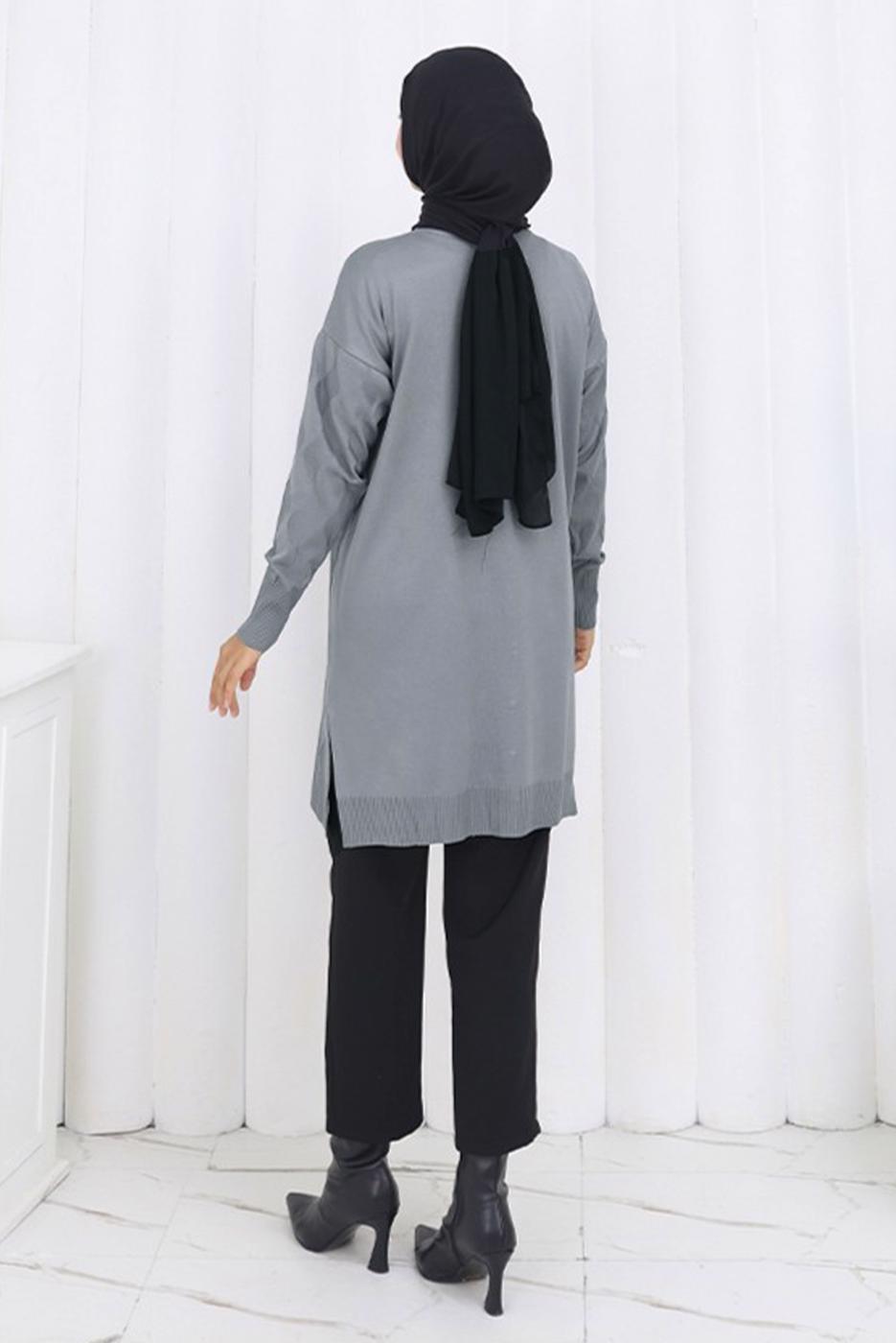 Tesettür giyim GRİ DESENLİ TRİKO HIRKA T 9323