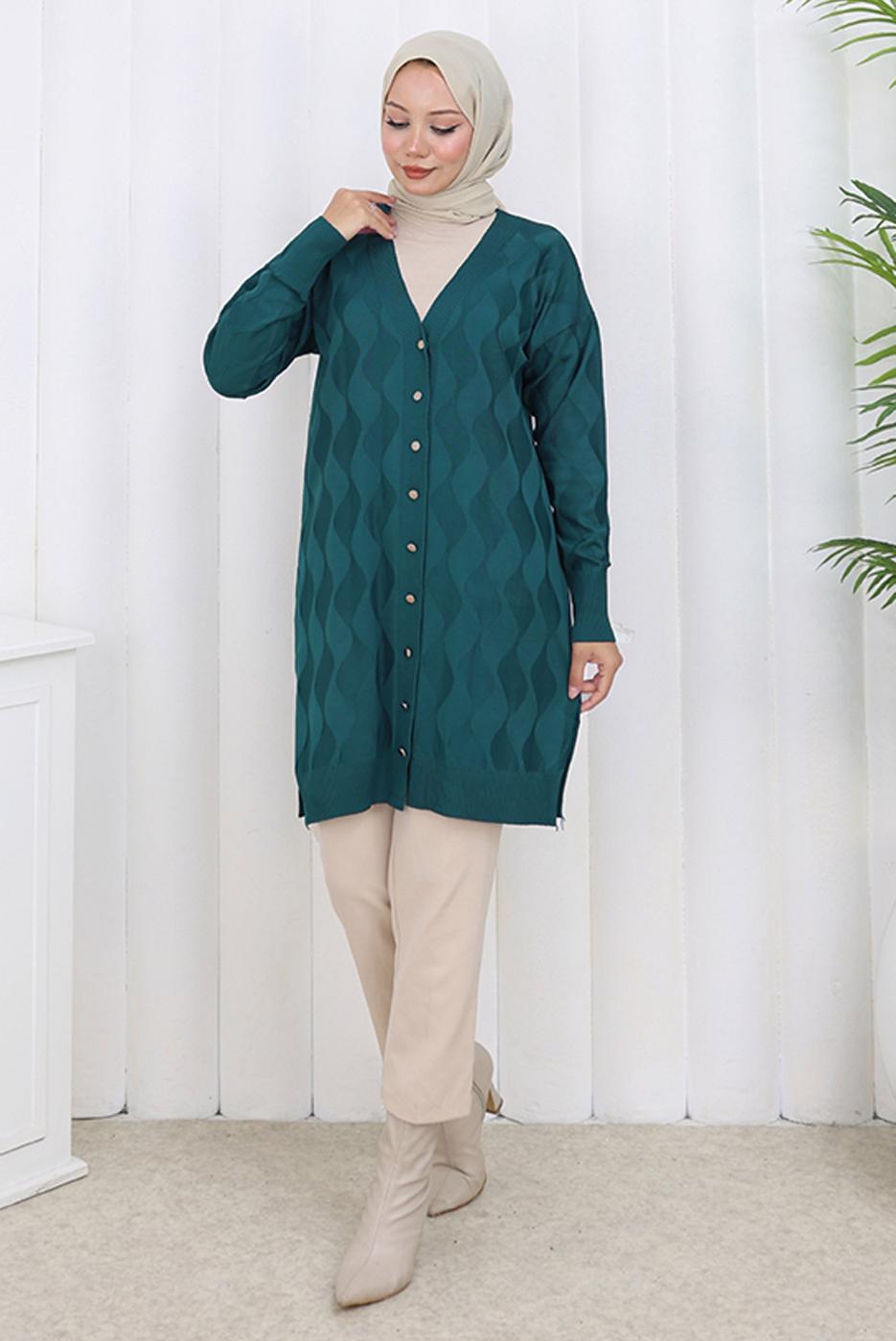 Tesettür giyim MAVİ DESENLİ TRİKO HIRKA T 9323