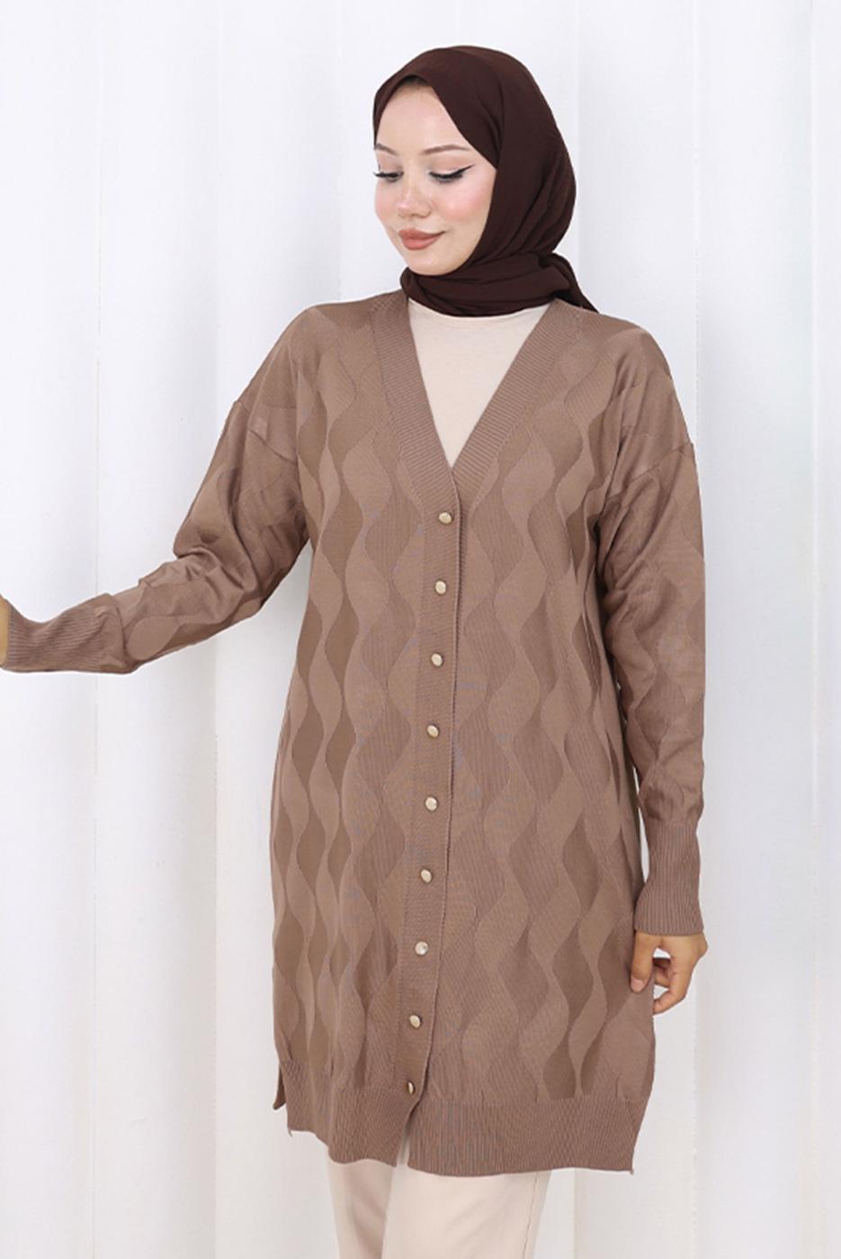 Tesettür giyim VİZON DESENLİ TRİKO HIRKA T 9323