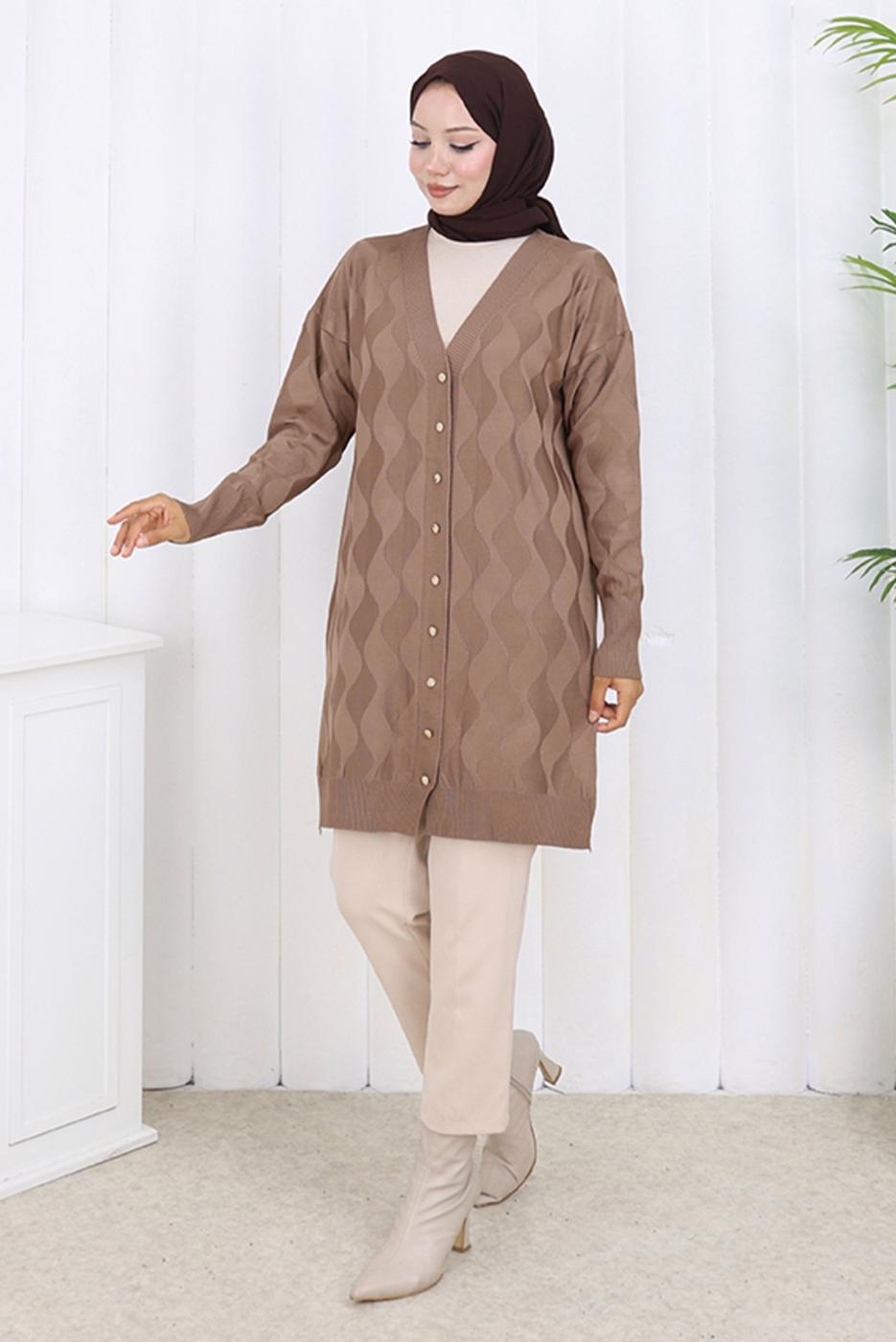 Tesettür giyim VİZON DESENLİ TRİKO HIRKA T 9323