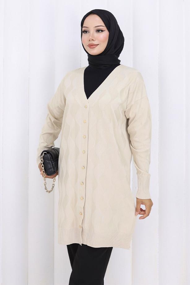 Tesettür giyim BEJ T 9323 BN MERSERİZE HIRKA - TRENDTESETTÜR