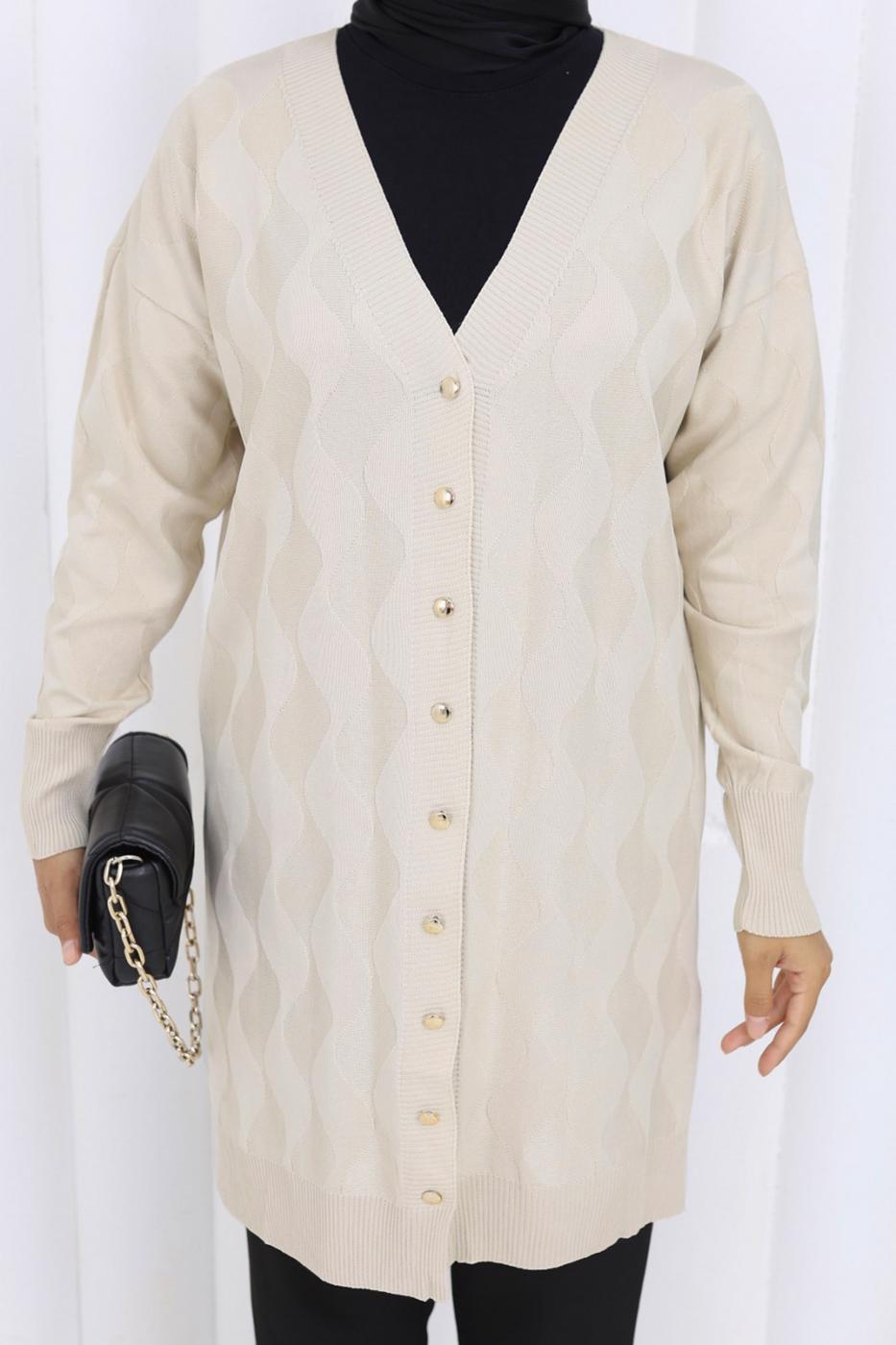 Tesettür giyim BEJ DESENLİ TRİKO HIRKA T 9323