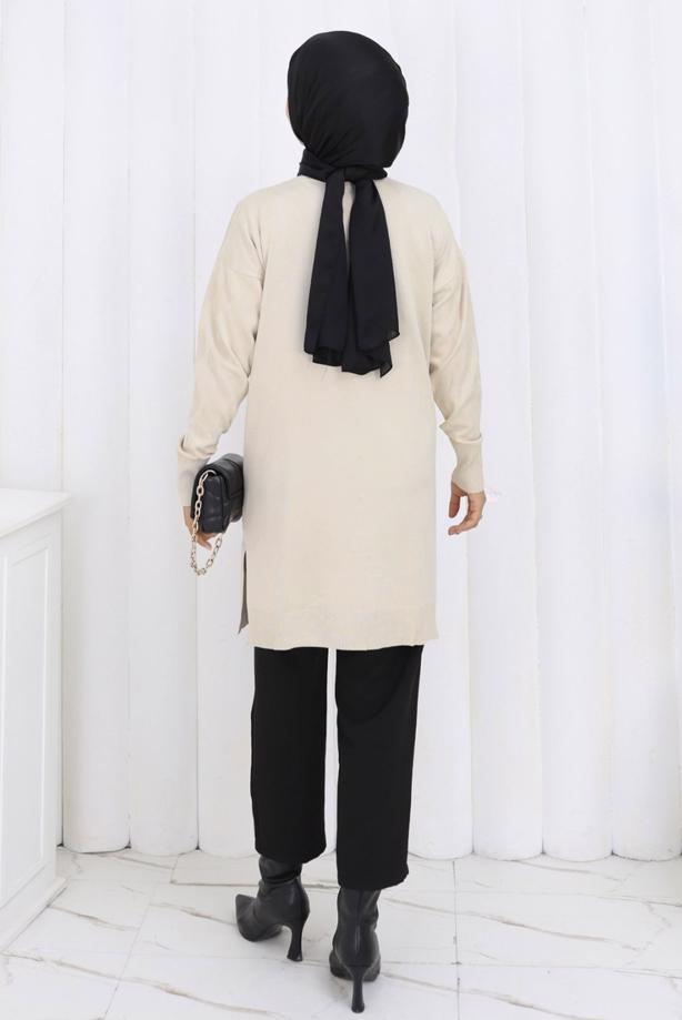 Tesettür giyim BEJ T 9323 BN MERSERİZE HIRKA - TRENDTESETTÜR