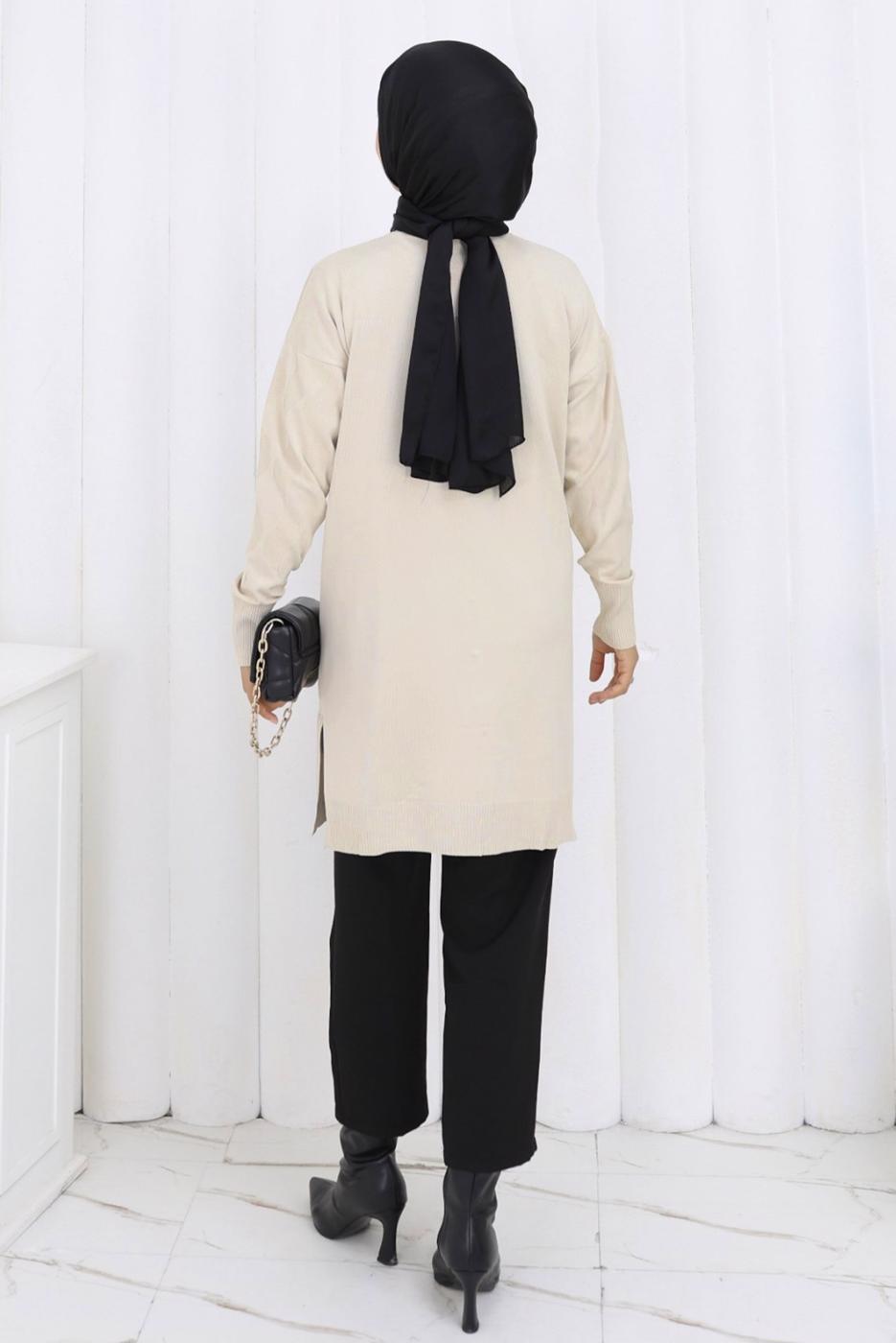 Tesettür giyim BEJ DESENLİ TRİKO HIRKA T 9323