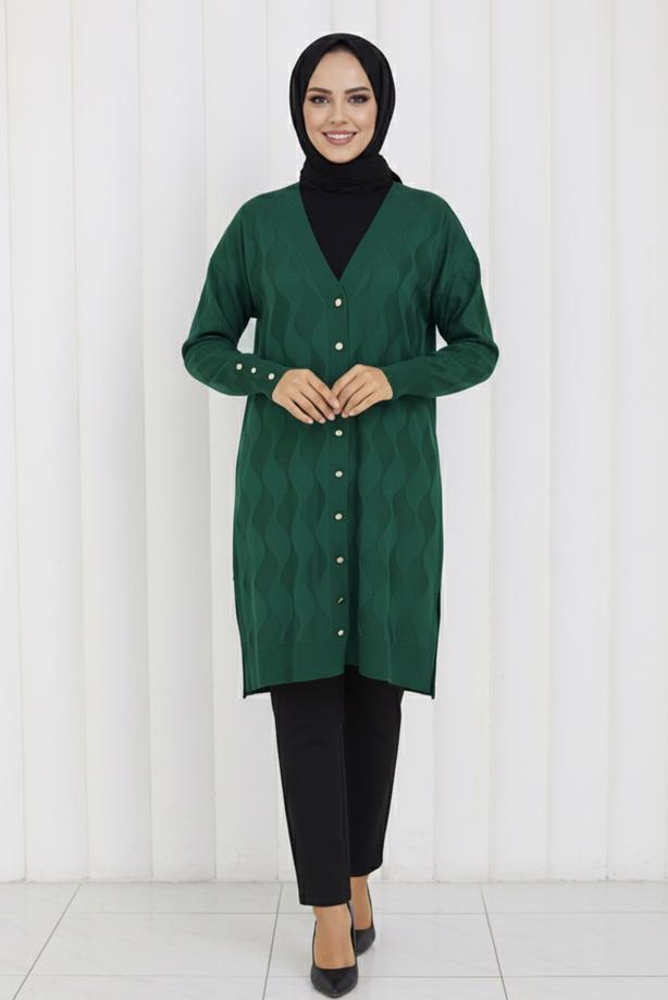 Tesettür giyim YEŞİL DESENLİ TRİKO HIRKA T 9323 - TRENDTESETTÜR