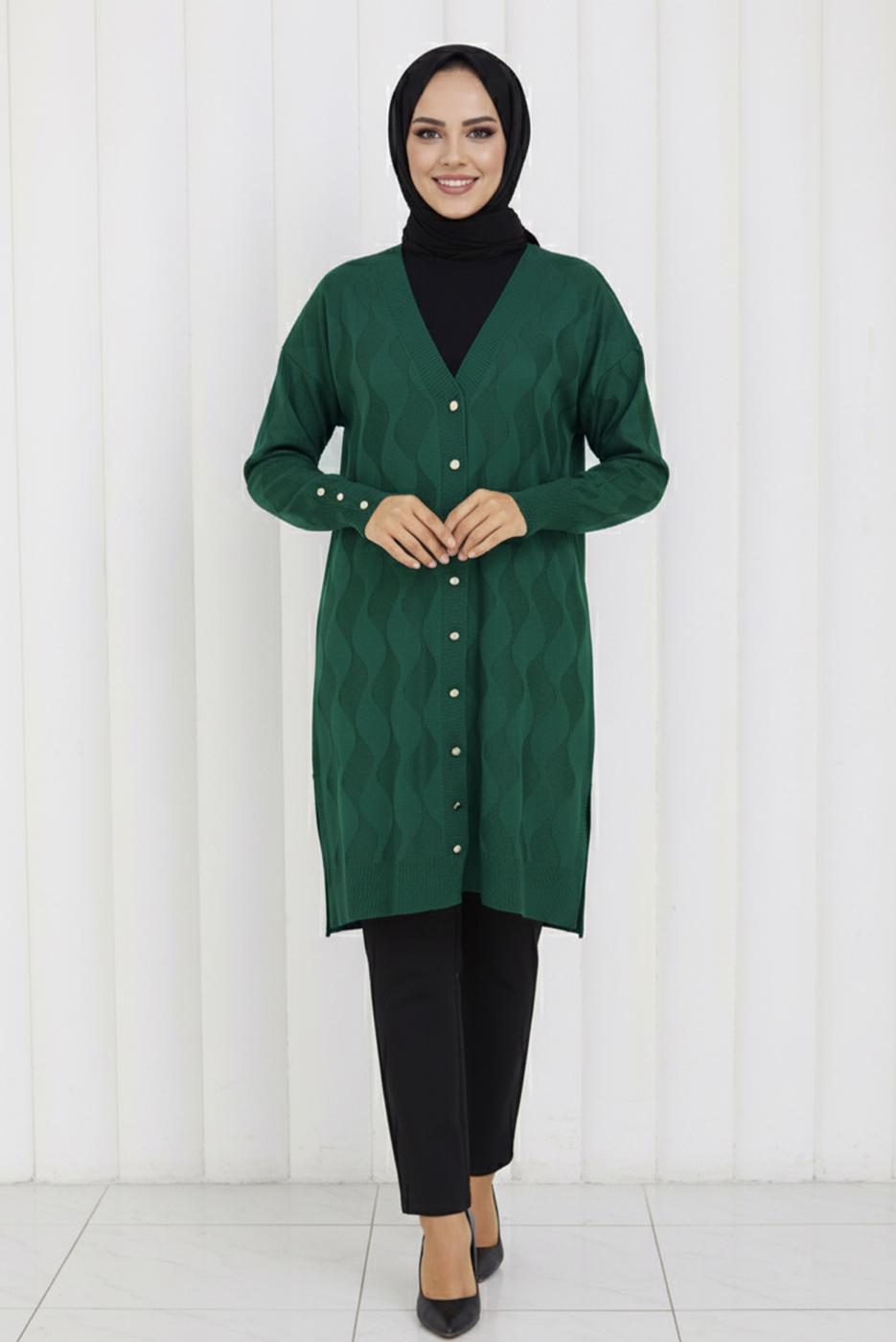 Tesettür giyim YEŞİL DESENLİ TRİKO HIRKA T 9323