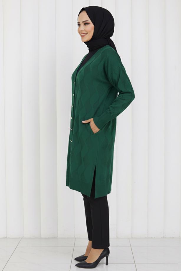 Tesettür giyim YEŞİL DESENLİ TRİKO HIRKA T 9323 - TRENDTESETTÜR