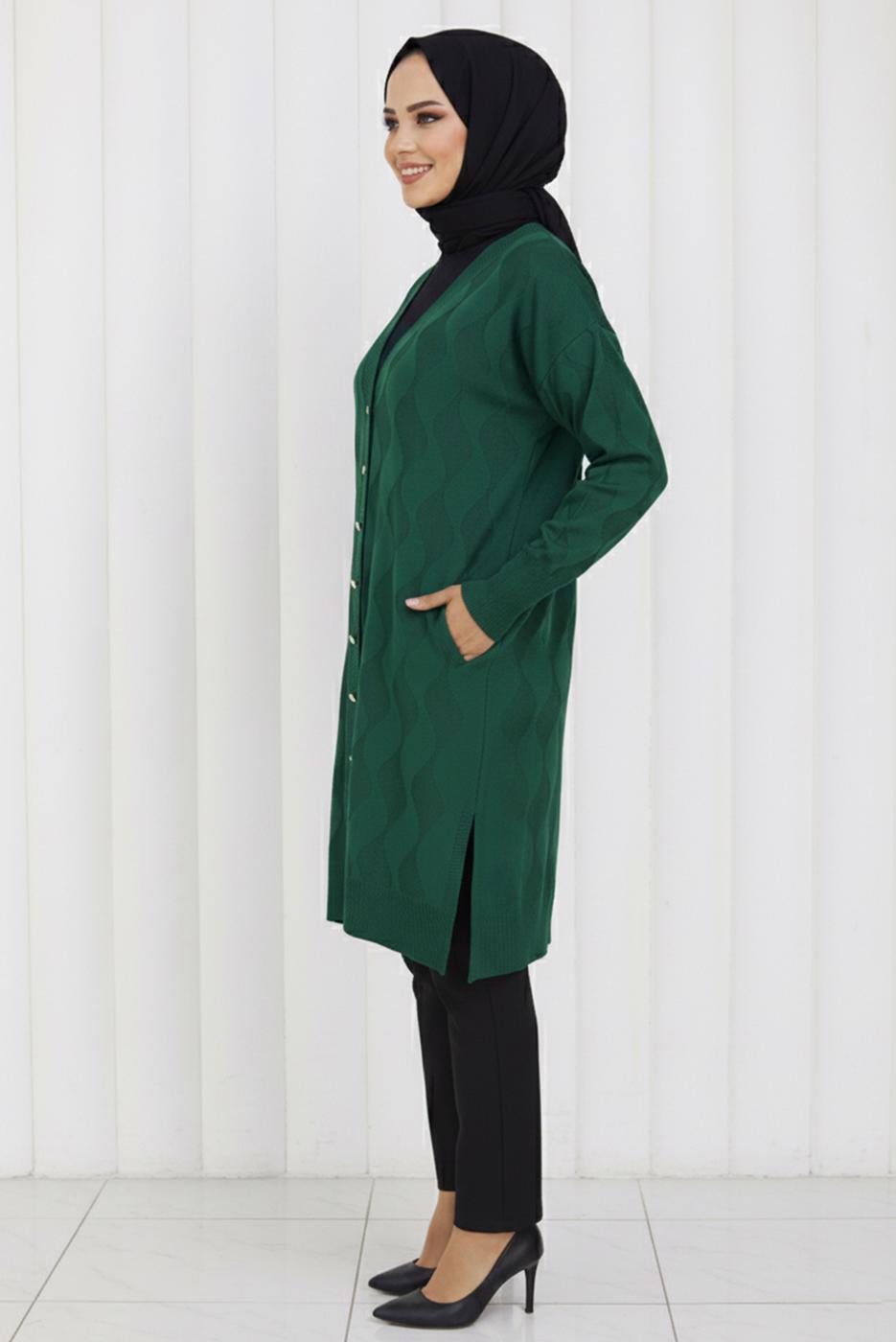 Tesettür giyim YEŞİL DESENLİ TRİKO HIRKA T 9323