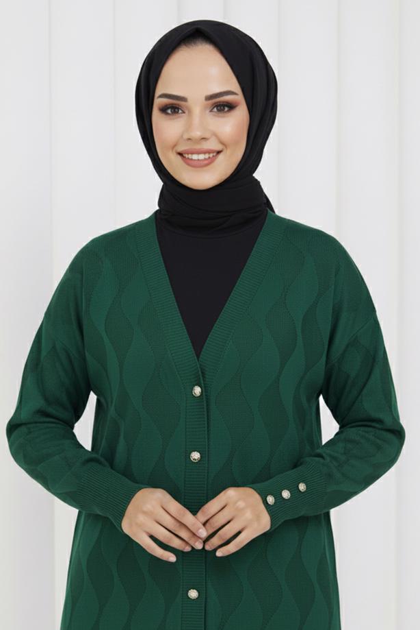 Tesettür giyim YEŞİL DESENLİ TRİKO HIRKA T 9323 - TRENDTESETTÜR