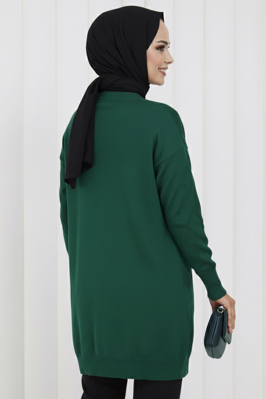 Tesettür giyim YEŞİL DESENLİ TRİKO HIRKA T 9323