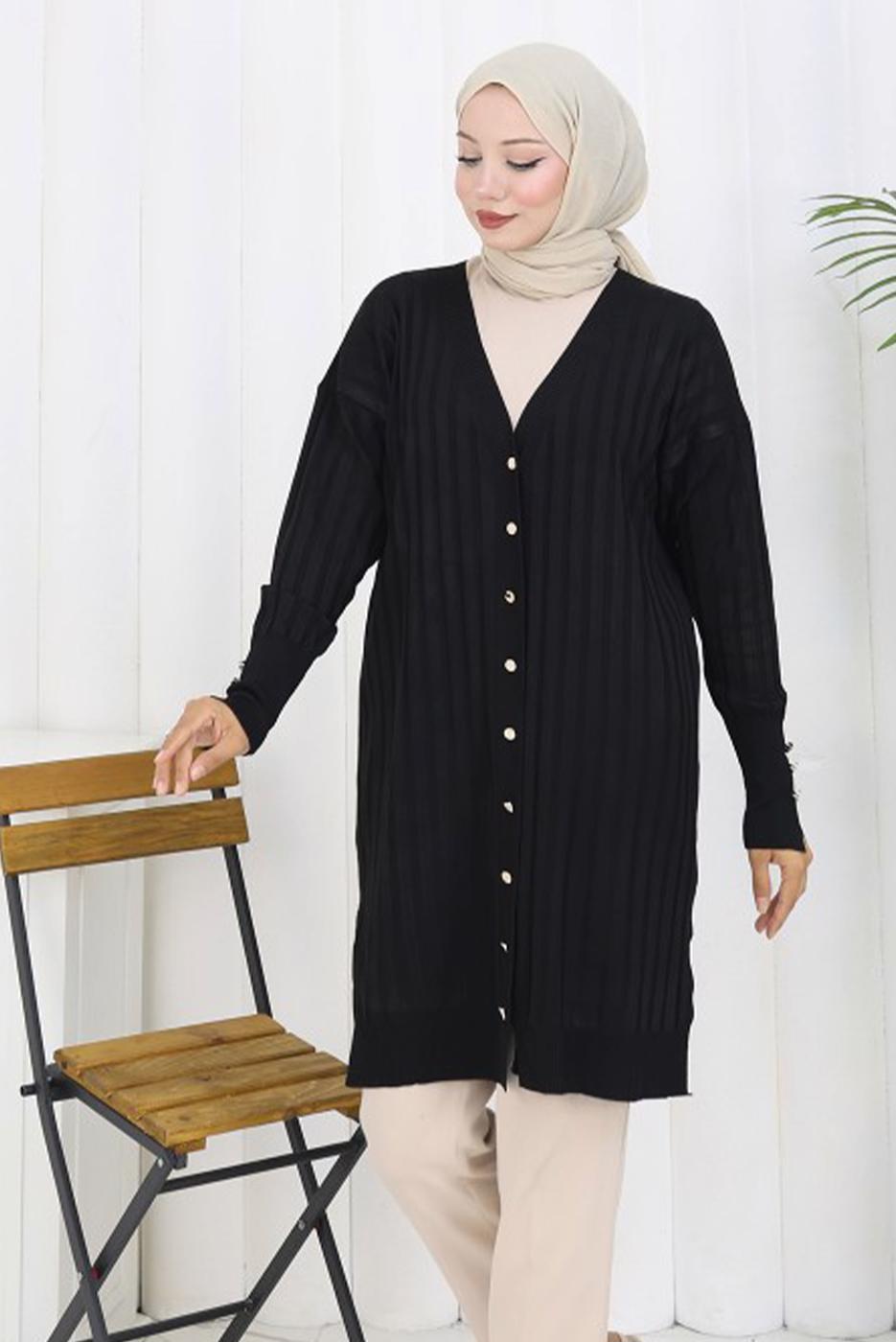 Tesettür giyim SİYAH T 9713 BN UZUN MERSERİZE HIRKA