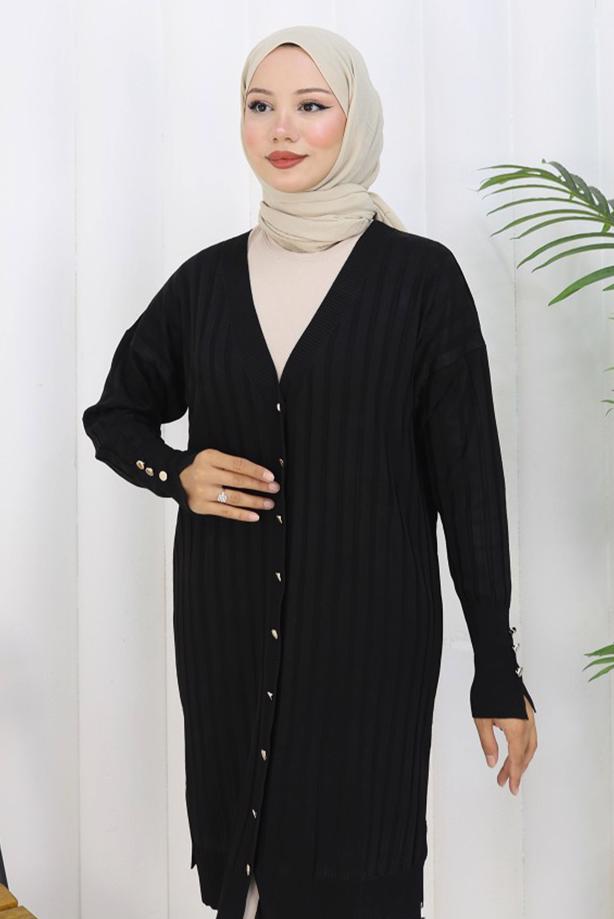Tesettür giyim SİYAH T 9713 BN UZUN MERSERİZE HIRKA - TRENDTESETTÜR