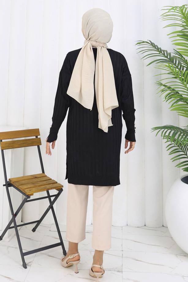 Tesettür giyim SİYAH T 9713 BN UZUN MERSERİZE HIRKA - TRENDTESETTÜR