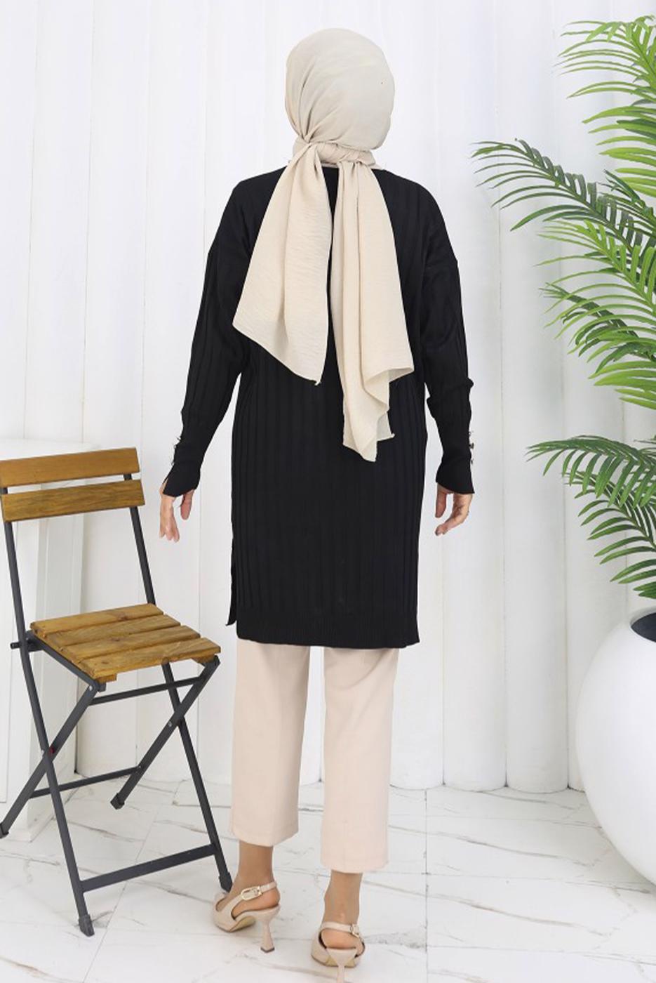 Tesettür giyim SİYAH T 9713 BN UZUN MERSERİZE HIRKA