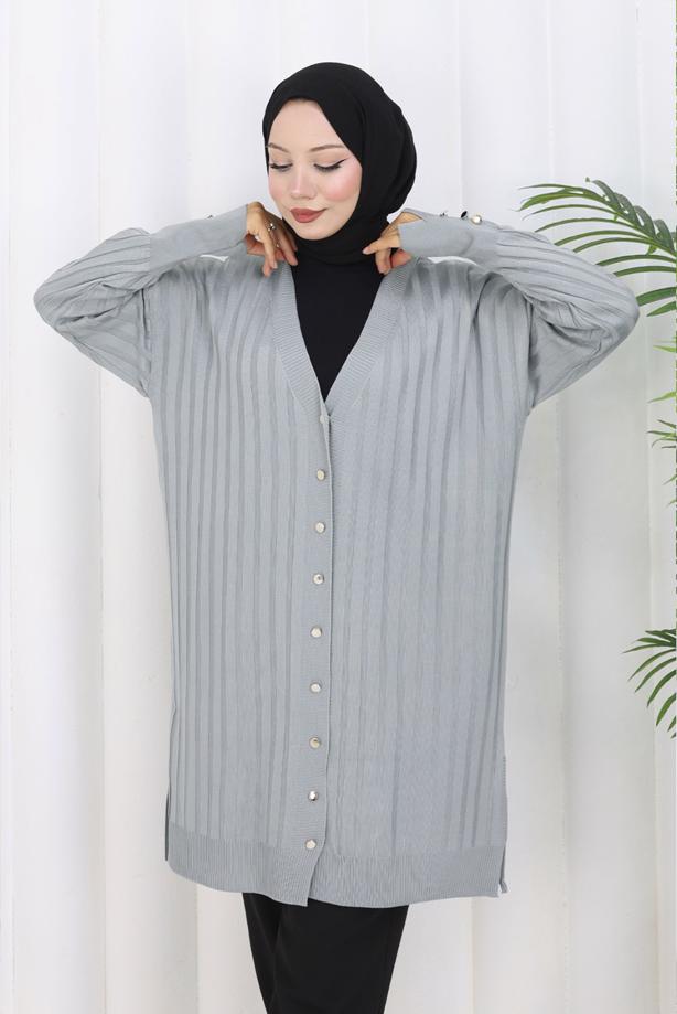 Tesettür giyim GRİ T 9713 BN UZUN MERSERİZE HIRKA - TRENDTESETTÜR