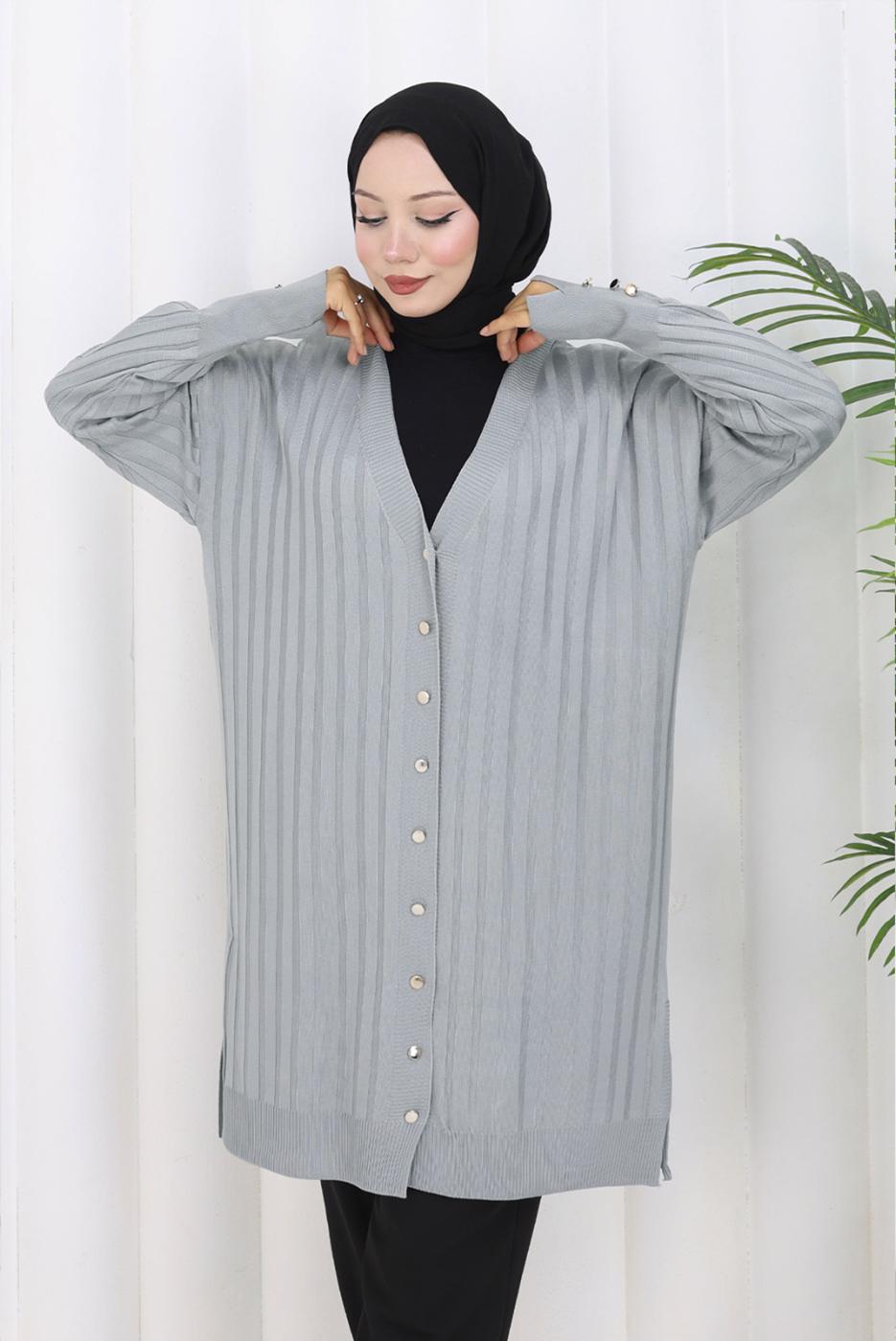 Tesettür giyim GRİ T 9713 BN UZUN MERSERİZE HIRKA