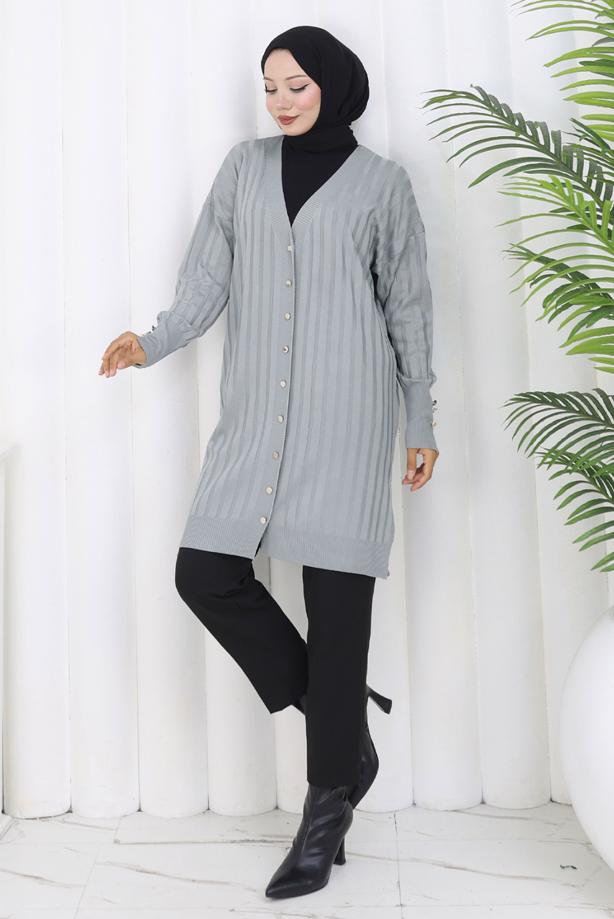 Tesettür giyim GRİ T 9713 BN UZUN MERSERİZE HIRKA - TRENDTESETTÜR