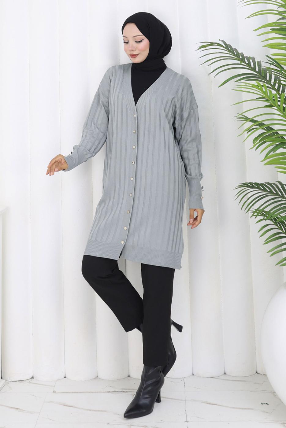 Tesettür giyim GRİ T 9713 BN UZUN MERSERİZE HIRKA